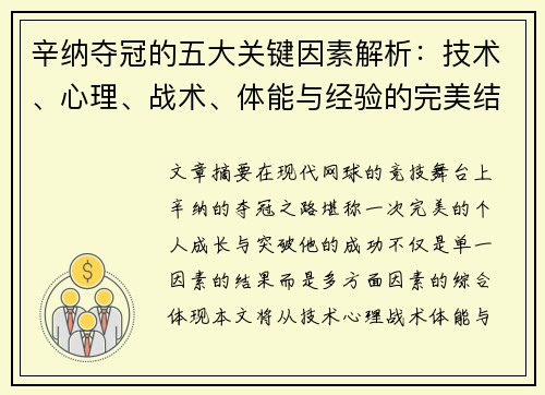 辛纳夺冠的五大关键因素解析：技术、心理、战术、体能与经验的完美结合